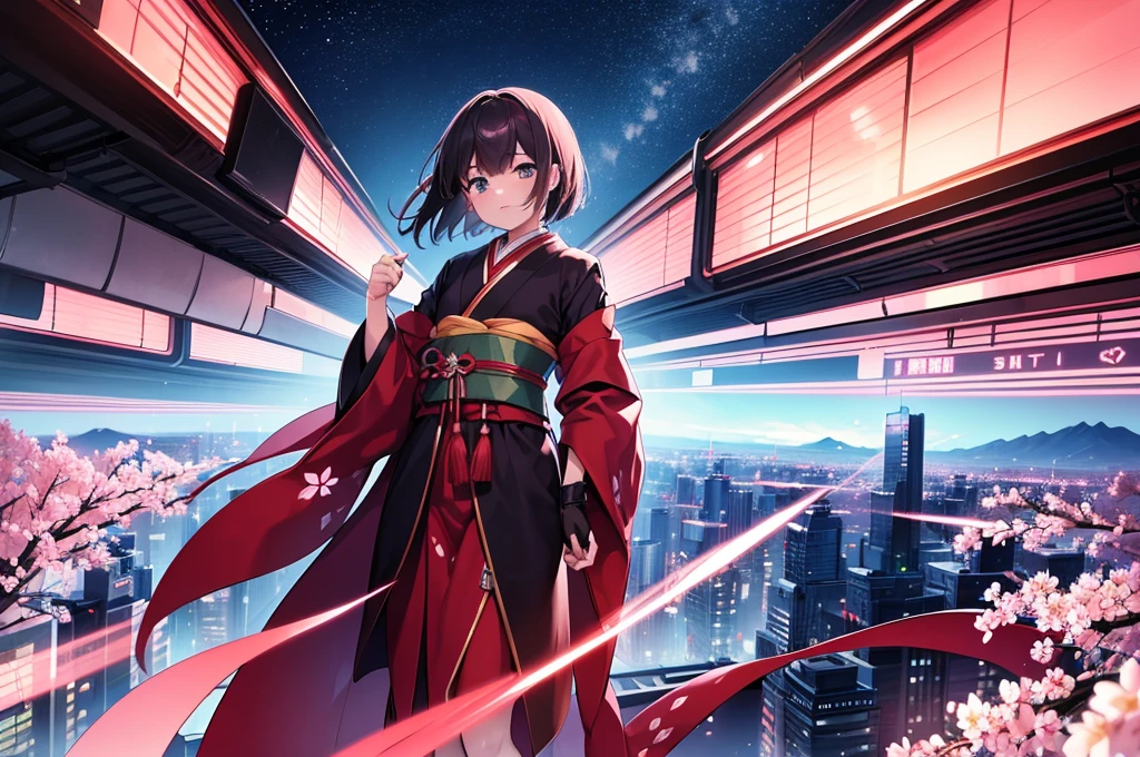 (masterpiece:1.2), best quality, midjourney, no girl, no guy, no humanoid figure, no person just background, japanese futuristic city, sunset with bleeding lights, sakura blossoms floating in the sky