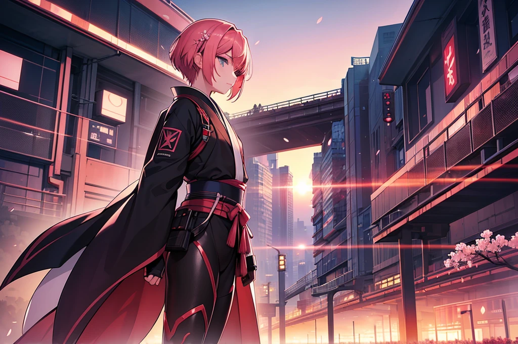 (masterpiece:1.2), best quality, midjourney, no girl, no guy, no humanoid figure, no person just background, japanese futuristic city, sunset with bleeding lights, sakura blossoms floating in the sky