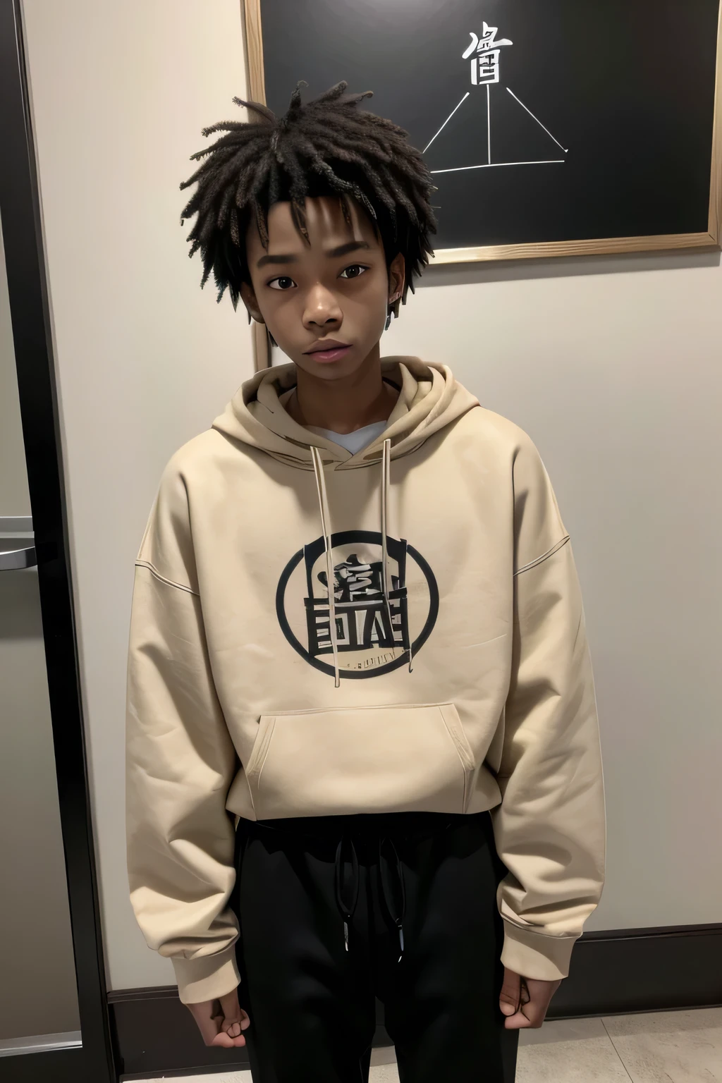 Black , Scrawny, Cao Cao, super quality, beige sweatshirt and black pants 