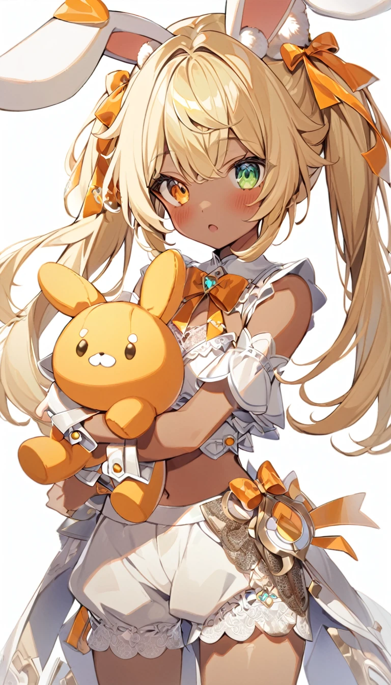 1girl, animal ears, bangs, bare shoulders, blonde hair, blush, bow, breasts, white cleavage, cropped torso, , green eyes, hair ribbon, heterochromia, holding, holding stuffed toy, looking at viewer, open mouth, orange bow, orange eyes, orange ribbon, rabbit ears, ribbon, solo, stuffed animal, stuffed bunny, stuffed toy, twintails, upper body, virtual youtuber, white background, wrist cuffs, yellow eyes, bloomers, close-up, dark skin, frills, lace, midriff, skirt, solo, , white background,shorts, white top with ribbon and lace and trousers,trousers, genshin,white slippers with a bow,All clothes are white, lace