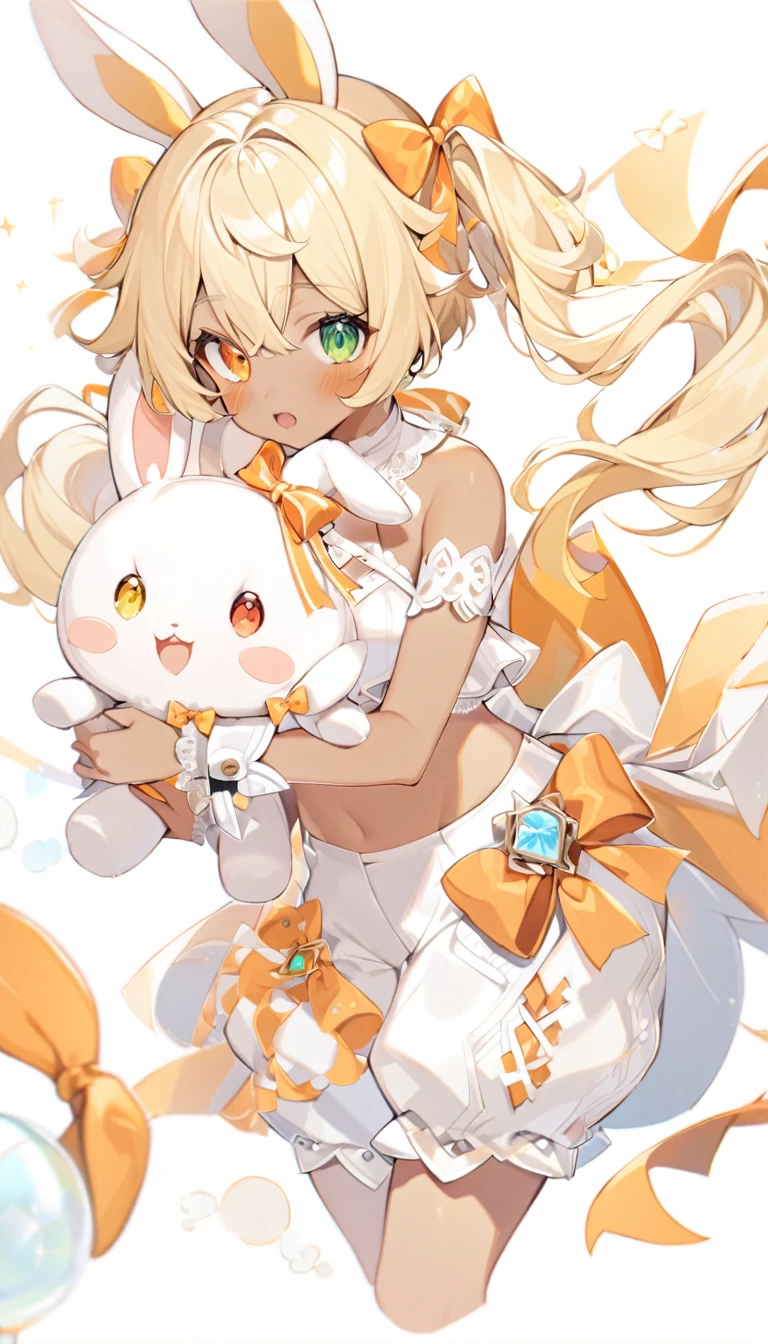 1girl, animal ears, bangs, bare shoulders, blonde hair, blush, bow, breasts, white cleavage, cropped torso, , green eyes, hair ribbon, heterochromia, holding, holding stuffed toy, looking at viewer, open mouth, orange bow, orange eyes, orange ribbon, rabbit ears, ribbon, solo, stuffed animal, stuffed bunny, stuffed toy, twintails, upper body, virtual youtuber, white background, wrist cuffs, yellow eyes, bloomers, close-up, dark skin, frills, lace, midriff, skirt, solo, , white background,shorts, white top with ribbon and lace and trousers,trousers, genshin,white slippers with a bow,All clothes are white, lace