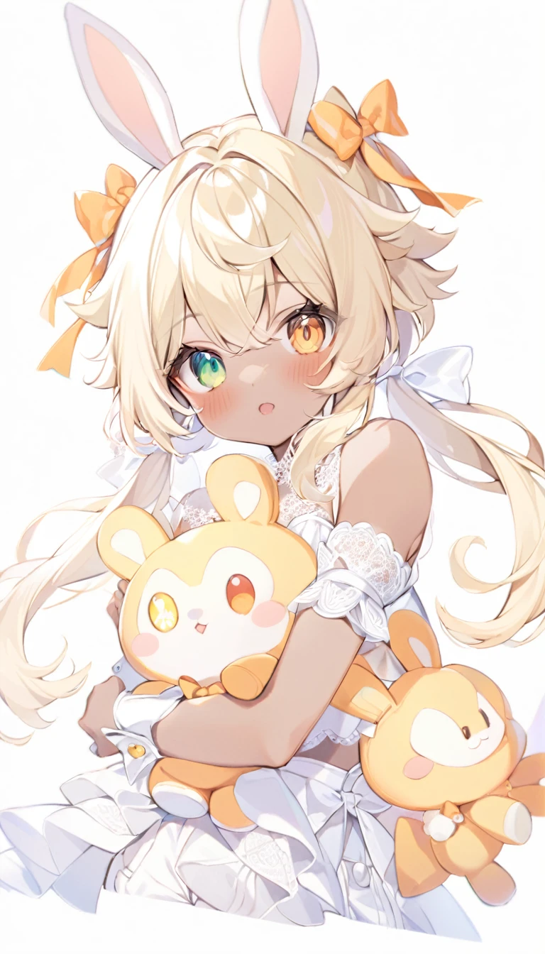 1girl, animal ears, bangs, bare shoulders, blonde hair, blush, bow, breasts, white cleavage, cropped torso, , green eyes, hair ribbon, heterochromia, holding, holding stuffed toy, looking at viewer, open mouth, orange bow, orange eyes, orange ribbon, rabbit ears, ribbon, solo, stuffed animal, stuffed bunny, stuffed toy, twintails, upper body, virtual youtuber, white background, wrist cuffs, yellow eyes, bloomers, close-up, dark skin, frills, lace, midriff, skirt, solo, , white background,shorts, white top with ribbon and lace and trousers,trousers, genshin,white slippers with a bow,All clothes are white, lace