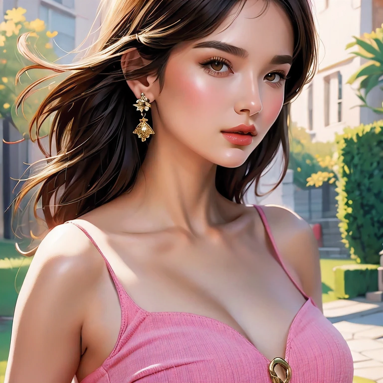 there is a girl with a pink top and gold earrings, digital art of an elegant, in style of digital illustration, stunning digital illustration, beautiful digital illustration, style digital painting, beautiful digital artwork, glossy digital painting, digital character illustration, elegant digital painting, exquisite digital illustration, cartoon digital painting, digital character painting, low detailed. digital painting, gorgeous digital painting, 1 girl, solo