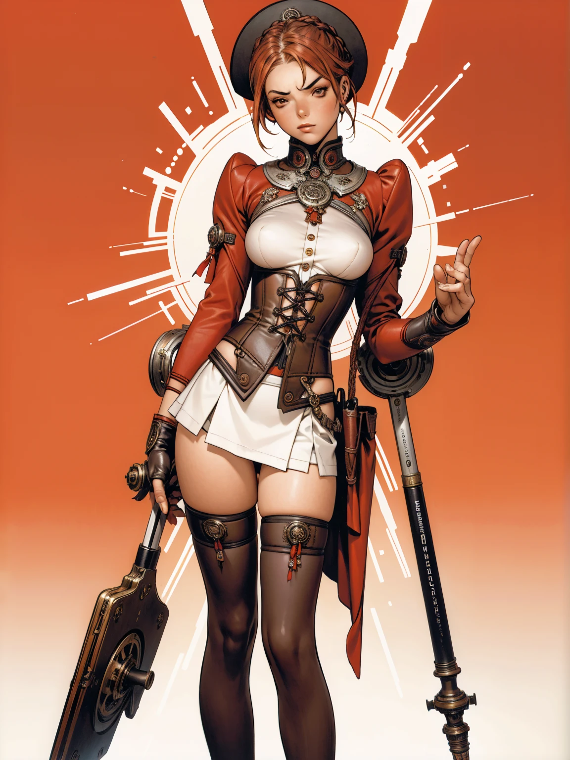 (((red suit))), red is the predominant color, (((angry))), (((brave face))), ((love the league))), ((( red victorian corset ))), 1 girl, (((standing alone))), Poster, Russian propaganda style, pirralha violent, 14歳, sexy, pose de atitude, work of art, post-apocalypse, (((manga style))), redhead with white highlights, bounty hunter, violent, Manic, the way you want, slenderbody, thin but strong, perfectbody, roupa moderna, advanced technology, messy bob hair, colored hair, (((best qualityer))), tiny micro skirt with checkered pattern in red and black, Victorian bodice with braided cord, (((“X” breast cover))), love vitoriana league, ((pose sexy)), background wall with absurdly detailed gears and machines, (( from the knee up )). intricate visual, steampunk style