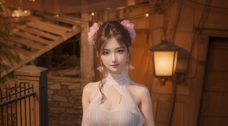 8k, masterpiece, RAW photo, best quality, photorealistic, extremely detailed CG unity 8k wallpaper, Depth of field, Cinematic Light, Lens Flare, Ray tracing, (extremely beautiful face, beautiful lips, beautiful eyes), intricate detail face, ((ultra detailed skin)) 1girl, in the dark, deep shadow, pretty korean girl, kpop idol, 1 girl, (very slim slender fit-muscled body:1.3), ((looking at viewer)),(big smile:1.3), (hot pink color blouse), (sleeveless) , (fashion city night, dark night, (neon sign), (blurred background), fashion street night),(without people in the background:1.3), beautiful earrings, bracelets, necklace, pantyhose, clear eyes, walking, (pale skin), (big eyes), face forward, ((upper body shot)), ((silk color dress:1.3)),(brown hairs),((tight fitting laced dress)), (see through), (looking at viewer:1.3) open breast, very slim, medium breasts, turning back, back shot, see through