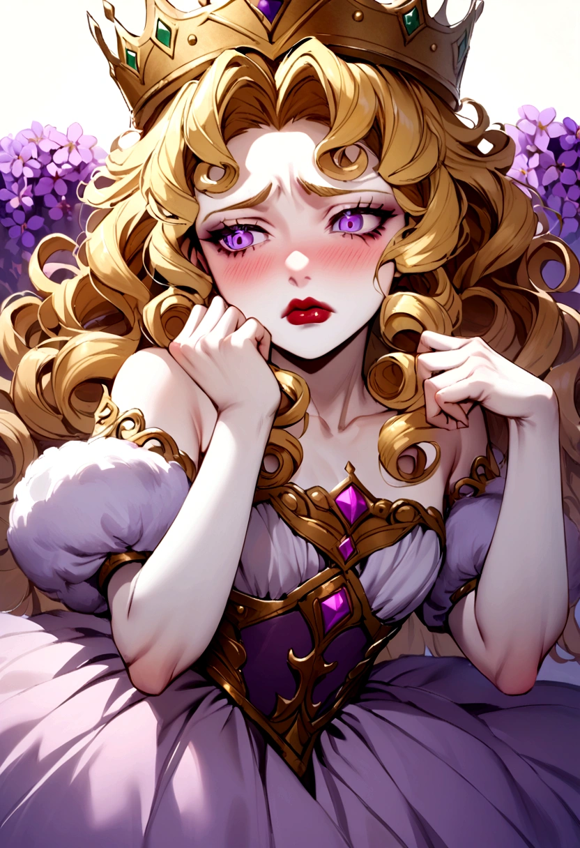 A young curly blonde, pale skin with violet eyes and reddish lips, wearing a lilac, fluffy princess dress, wearing a crown, with an upset expression, in an erotic pose