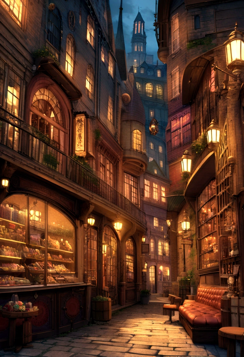 Diagon Alley, Harry Potter/books/, Steampunk atmosphere, Steampunk technology, Steampunk landscape, steampunk building, Steampunk street, Steampunk Style, 8K, High resolution, Extremely detailed images, Candy Shop, Wand Shop, Magic Shop, Cafe, high quality、Night view