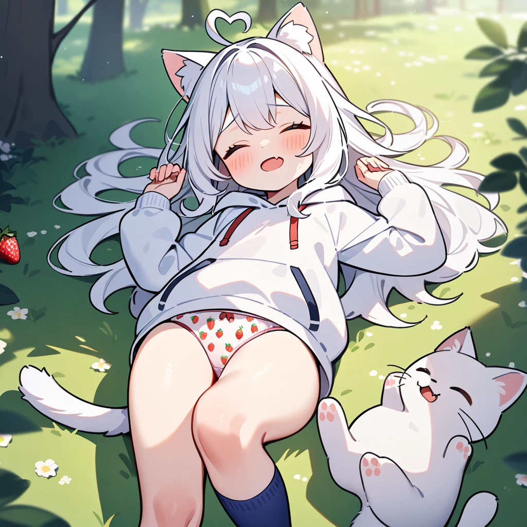 （masterpiece：1.2，high quality），8K，High resolution，A -year-girl，e girl，white hair，long hair，Sleeping，heart ahoge，cat ears，laughing，skin fang，saliva，Wear a white hoodie，no shorts，Strawberry pattern panties，Lying in the forest，There are flowering trees on both sides，primary schoBlue socks，cat tail，alone，（Put your hands in your pockets）