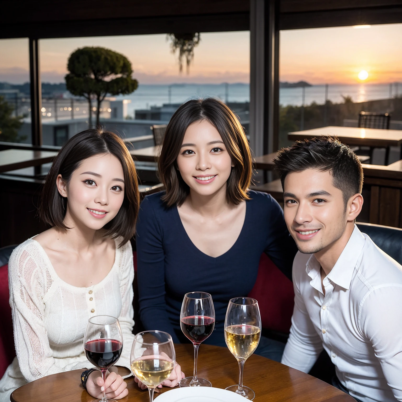 ((Highest quality、、masterpiece:1.3))、 (Genuineistic, Genuine、Bright image、Intricate details:1.2), 最高のsmile、1 male 1 female、Slim Body、Beautiful couple、Satomi Ishihara-like lover、Good friends、actress couple、smile、A full-course dinner with a full table、 (Slim face), (the body is slim), (Brown Hair), (short hair), テーブルのwine glass、Please shine a light on my face、 Amazing view of the sunset sky and clouds、 (Age 35)38 years old, red wine 、Wine bottle、sparkling wine、Long sleeve shirt、dress、White wine, red wine, wine glass,
