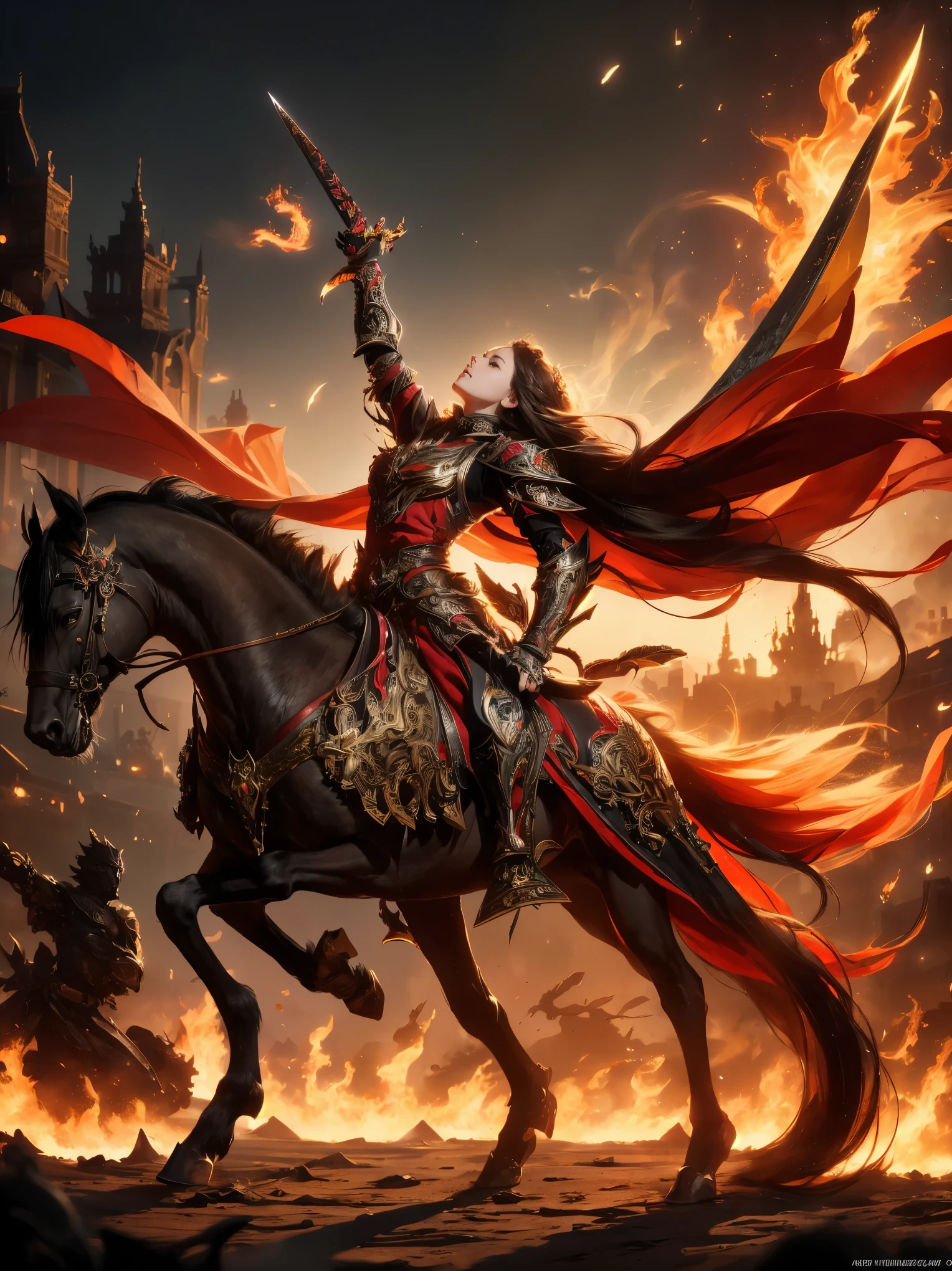((Full body shot)), ((Low angle view)), ((Detailed background)), ((Battlefield, group of armies)), (masterpiece, top quality, best quality, official art, beautiful and aesthetic:1.2), (1girl),craft a Hyper-realistic portrayal of a futuristic (1girl1.2), (beautiful Dilireba), beautiful character donned in intricate armor surrounded by captivating flames, an epic long (sword:1.2), Dynamic pose, Random pose, Dynamic angle, battle stance, Meticulous details capture the intense fusion of tradition and innovation in this visually stunning composition. Trending on Artstation. Perfect lighting,,