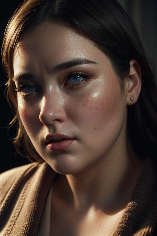 a very overweight woman, extremely detailed face, detailed eyes, detailed nose, detailed lips, masterpiece, photorealistic, 8k, high quality, realistic, detailed skin texture, detailed clothing, dynamic pose, emotional expression, cinematic lighting, dramatic shadows, warm color palette, moody atmosphere, portrait