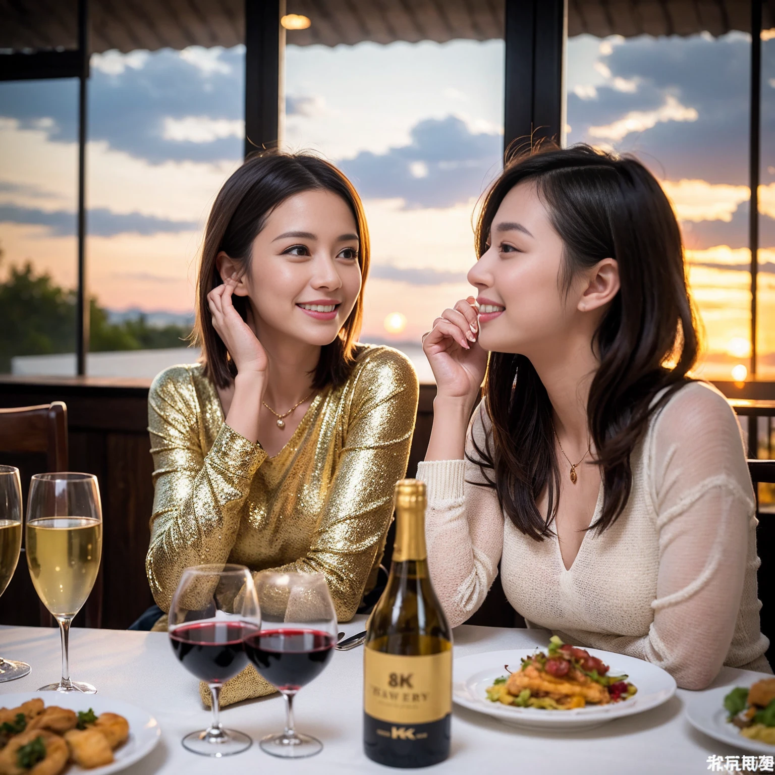 ((Highest quality、8K、masterpiece:1.3))、 (Genuineistic, Genuine、Bright image、Intricate details:1.2), 最高のsmile、1 male 1 female、Beautiful couple、Lovey-dovey lovers、fiancee、Good friends、actress couple、smile、Full-course dinner at a packed table、 (Slim face), (the body is slim), (Brown Hair), (short hair), テーブルのwine glass、Please shine a light on my face、 Amazing view of the sunset sky and clouds、42 years old 39 years old, red wine 、Appetizers、Wine bottle、sparkling wine、Long sleeve shirt、dress、White wine, red wine, wine glass,