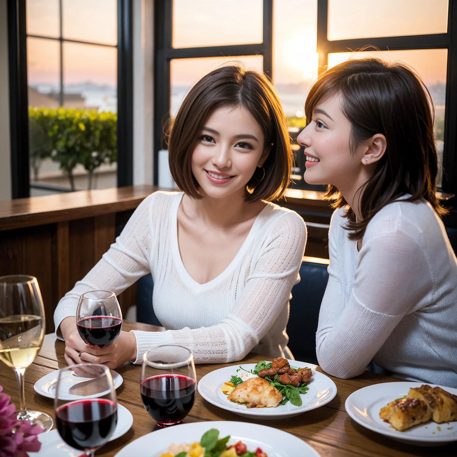 ((Highest quality、8K、masterpiece:1.3))、 (Genuineistic, Genuine、Bright image、Intricate details:1.2), 最高のsmile、1 male 1 female、Beautiful couple、Lovey-dovey lovers、fiancee、Good friends、actress couple、smile、Full-course dinner at a packed table、 (Slim face), (the body is slim), (Brown Hair), (short hair), テーブルのwine glass、Please shine a light on my face、 Amazing view of the sunset sky and clouds、42 years old 39 years old, red wine 、Appetizers、Wine bottle、sparkling wine、Long sleeve shirt、dress、White wine, red wine, wine glass,