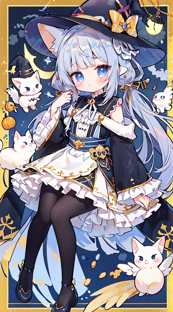 female、Angel costume,angel hall,Wizard,light blue eyes、Wear Mary Jane shoes,The shoes have a pair of small wings.,There is a talisman paper on the head,bijouterie,Pose for a photo,long hair、twintail hair,canine,shy,blush,Hot,Halloween,shooting star background、masterpiece、Best image quality、top quality、Witch Suit、witch hat、超long hair,fox ears,gray hair,(Black pantyhose),blue eyes、exquisite eyes、Beautiful girl、Chubby cheeks、Cute dress、puffy sleeves、Ruffled skirt、pink ribbon、cute、change、black leg ring,off shoulder strap changeta,
