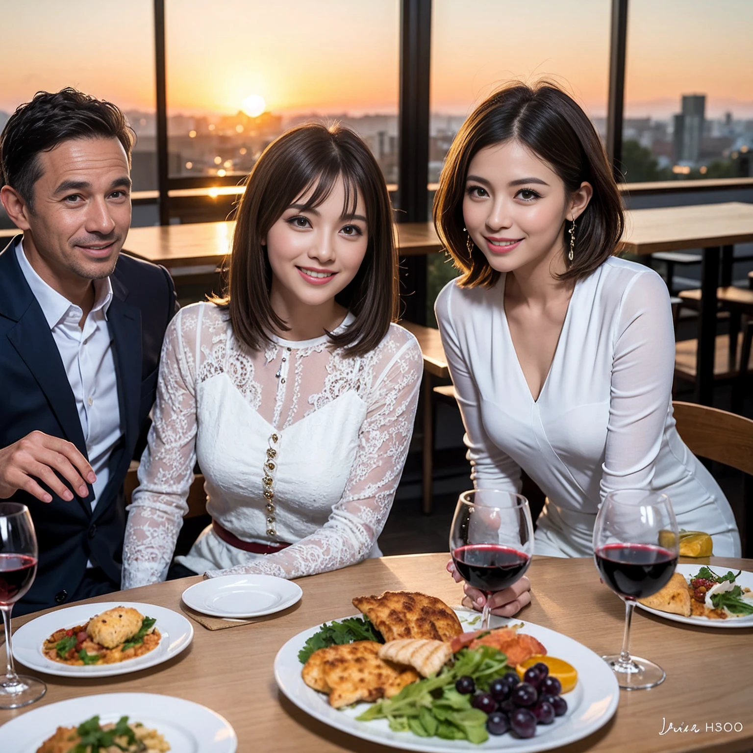 ((Highest quality、8K、masterpiece:1.3))、 (Genuineistic, Genuine、Bright image、Intricate details:1.2), 最高のsmile、1 male、1 female、Beautiful couple、Love Love Love、fiancee、Good friends、actress couple、smile、Full-course dinner at a packed table、 (Slim face), (the body is slim), (Brown Hair), (short hair), テーブルのwine glass、Please shine a light on my face、 Amazing view of the sunset sky and clouds、 39 years old, red wine 、Appetizers、Wine bottle、sparkling wine、Long sleeve shirt、dress、White wine, red wine, wine glass,