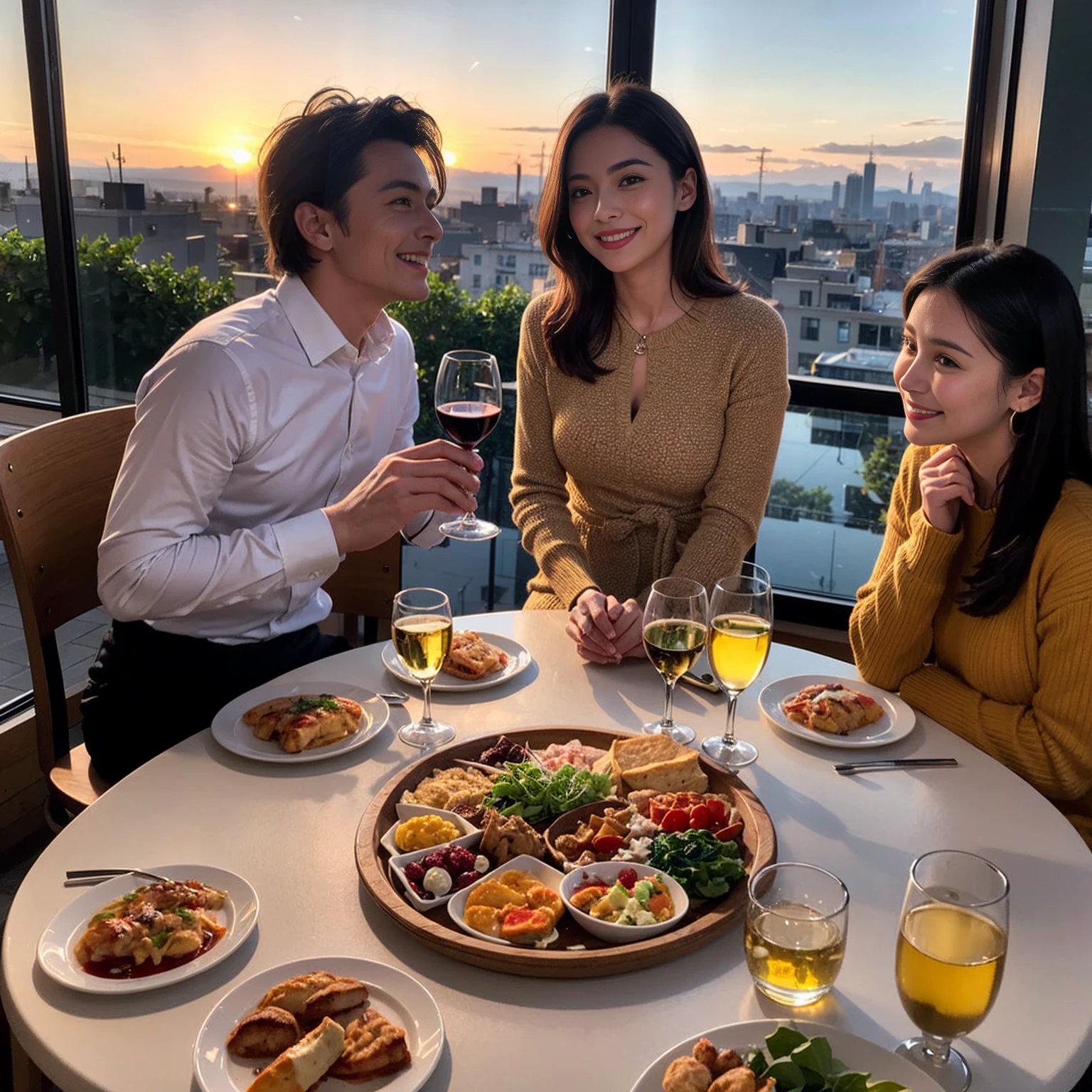 ((Highest quality、8K、masterpiece:1.3))、 (Genuineistic, Genuine、Bright image、Intricate details:1.2), 最高のsmile、1 male、1 female、Beautiful couple、Love Love Love、fiancee、Good friends、actress couple、smile、Full-course dinner at a packed table、 (Slim face), (the body is slim), (Brown Hair), (short hair), テーブルのwine glass、Please shine a light on my face、 Amazing view of the sunset sky and clouds、 39 years old, red wine 、Appetizers、Wine bottle、sparkling wine、Long sleeve shirt、dress、White wine, red wine, wine glass,