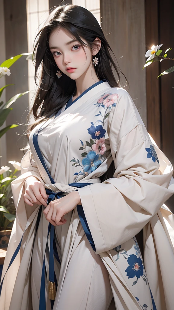 A stunning beauty who is half French and half Japanese、Anyway, her face is beautiful、Beautiful blue eye color、She has beautiful long straight hair that is light blonde in color.。Please wear a white floral dress.。already１The man has black hair and long bangs.。The man&#39;s clothesＴPlease make it look like a shirt and denim.。The composition of the two people is a close-up image showing only the upper body and above the chest.、The beauty is on the right、Two men are standing side by side on the left、Please depict them looking at each other and laughing happily.。