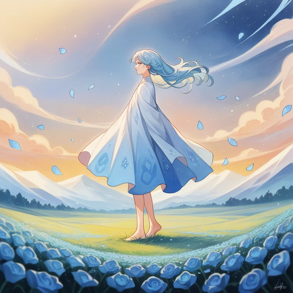 (absurdres, highres, ultra detailed, UHD, cinematic), solo, 1girl, mature, happy, girl standing in light blue flower field, light blue flower petal surrounding girl, full body, blue long hair girl, light blue hair, fantasy, dreamy, snowy, official art, pop art, profile, ultra detailed face, ultra detailed eyes, light blue flower field, ultra detailed field, white blue sky, cold, light blue, white, nebula in the sky, blue tree, watercolor, pastel color