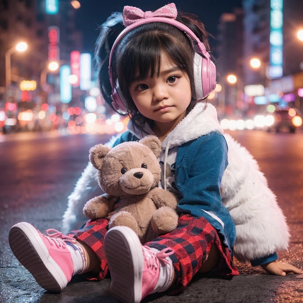 realistis 4d anak gadis kulit realistis rambut hitam yang mengenakan jaket berbulu tebal warna kuning biru, sepatu pink, rok merah kotak kotak, duduk di jalan kota pada malam hari. Anak tersebut harus memakai headphone, memegang boneka anjing besar dengan dua tangan. Latar belakang harus cerah dengan lampu kota yang buram, memberikan suasana dinamis dan penuh warna pada pemandangan. kuwalitas gambar super detail,