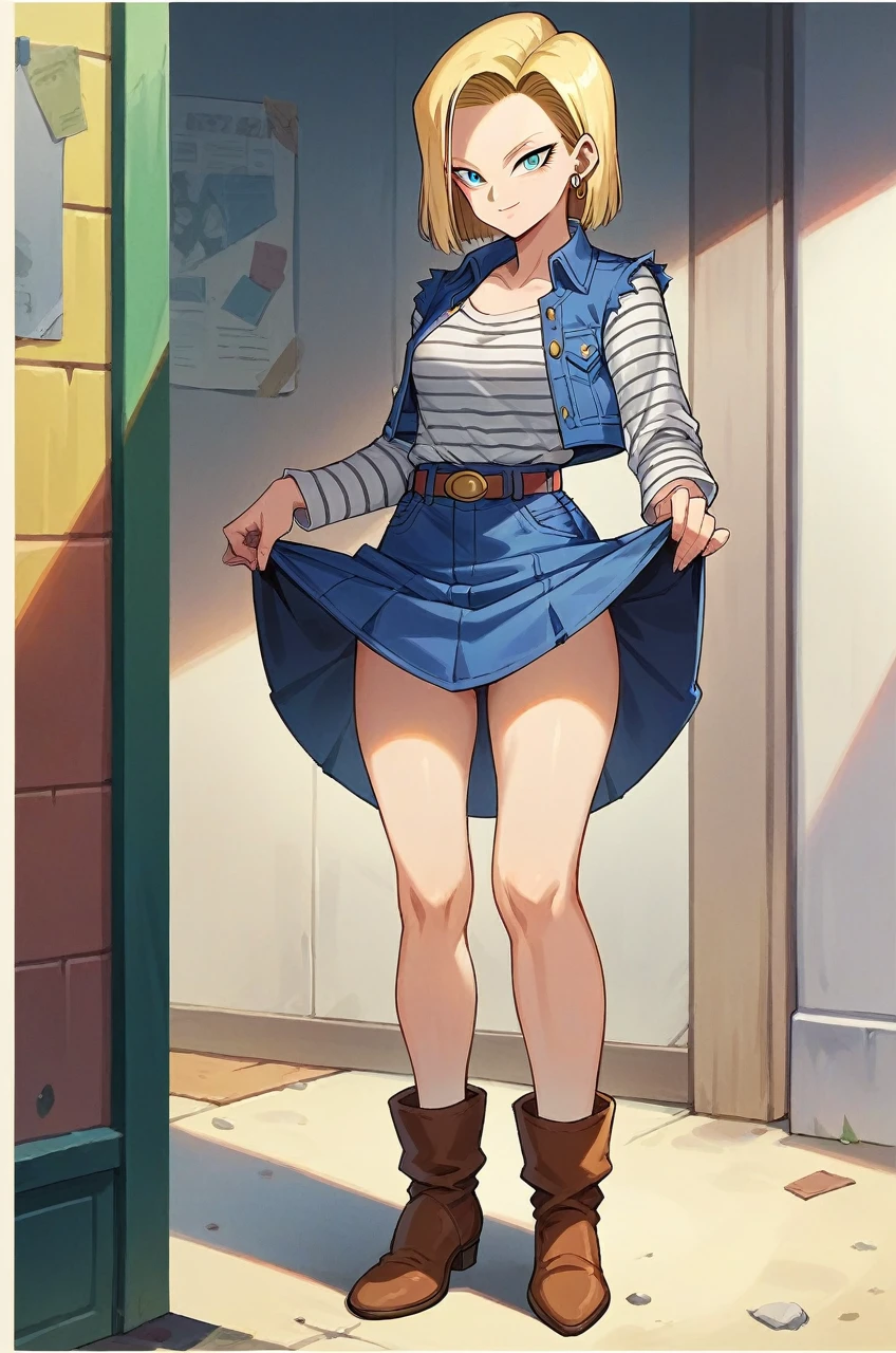 Masterpiece, best quality,mini skirt,official art, dragon ball,android 18,light smile,nsfw,skirt lift by myself