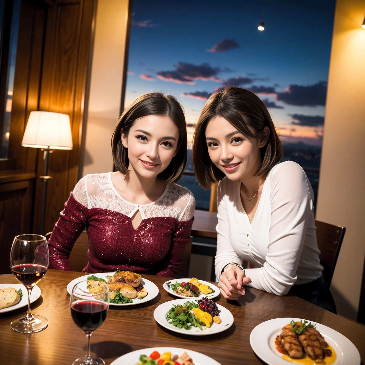((Highest quality、8K、masterpiece:1.3))、 (Genuineistic, Genuine、Bright image、Intricate details:1.2), 最高のsmile、1 male、1 female、Beautiful couple、Love Love Love、fiancee、Good friends、actress couple、smile、Full-course dinner at a packed table、 (Slim face), (the body is slim), (Brown Hair), (short hair), テーブルのwine glass、Please shine a light on my face、 Amazing view of the sunset sky and clouds、, red wine 、Appetizers、Wine bottle、sparkling wine、Long sleeve shirt、dress、White wine, red wine, wine glass,