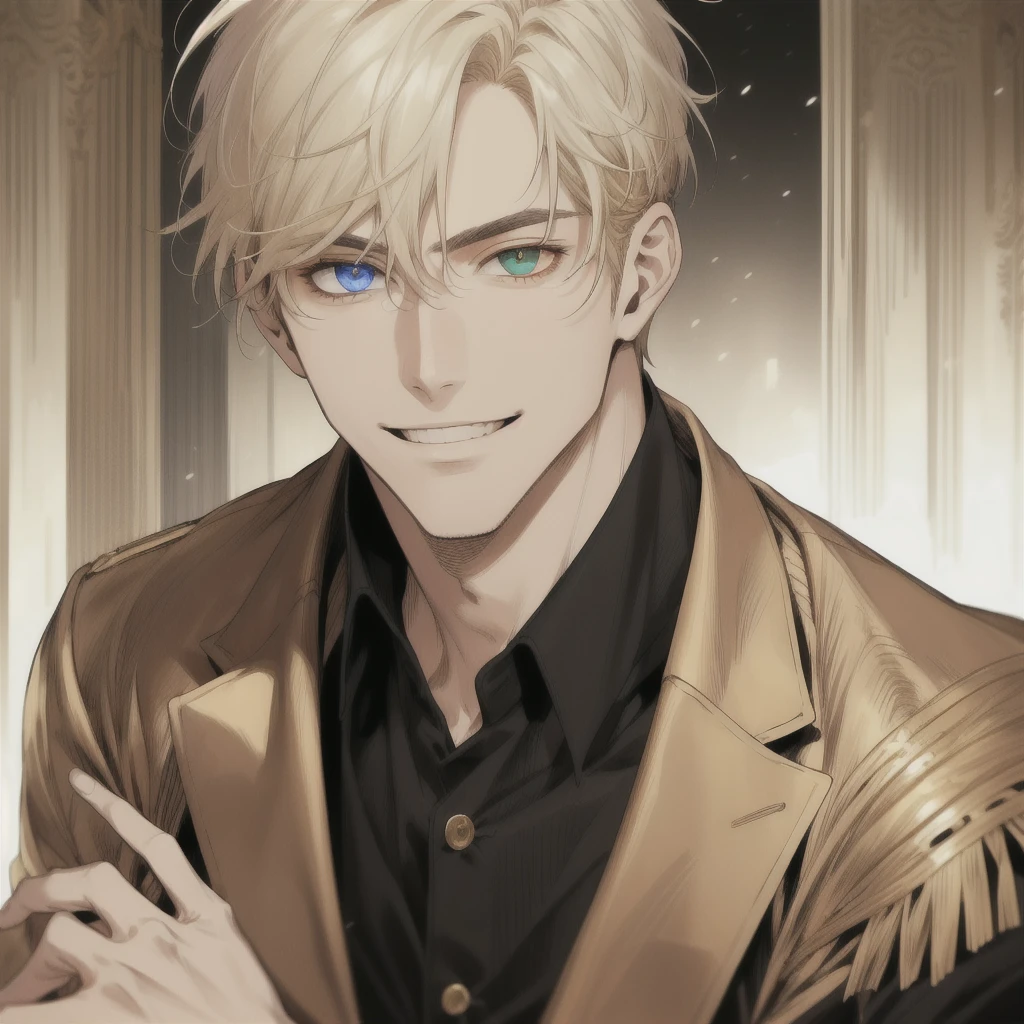masterpiece, best quality, realistic, 1man, mature man, muscular tall, handsome, smile, closed mouth, portrait, extremely detailed face, (short hair), (golden hair), (heterochromia in eyes), (CEO).