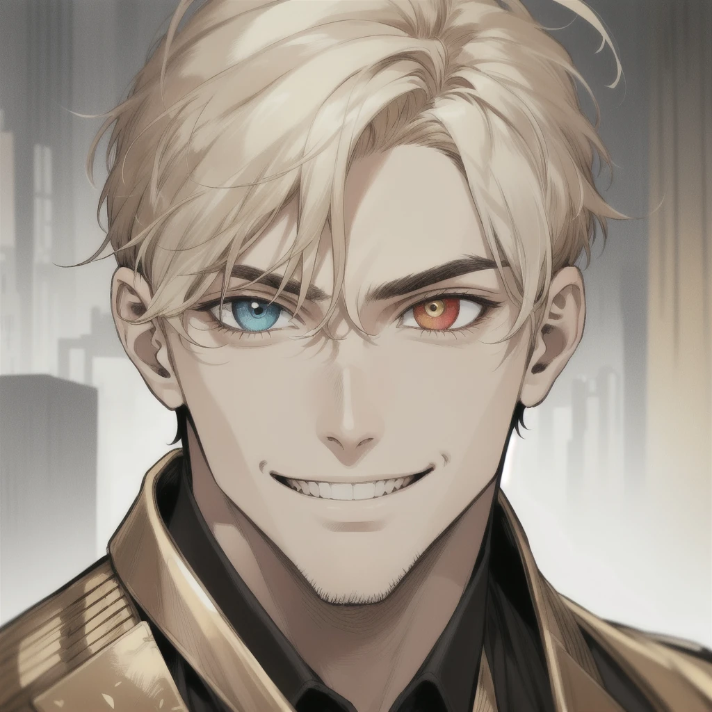 masterpiece, best quality, realistic, 1man, mature man, muscular tall, handsome, smile, closed mouth, portrait, extremely detailed face, (short hair), (golden hair), (heterochromia in eyes), (CEO).