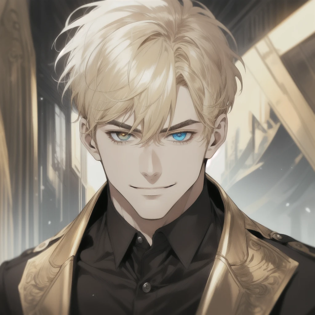 masterpiece, best quality, realistic, 1man, mature man, muscular tall, handsome, smile, closed mouth, portrait, extremely detailed face, (short hair), (golden hair), (heterochromia in eyes), (CEO).