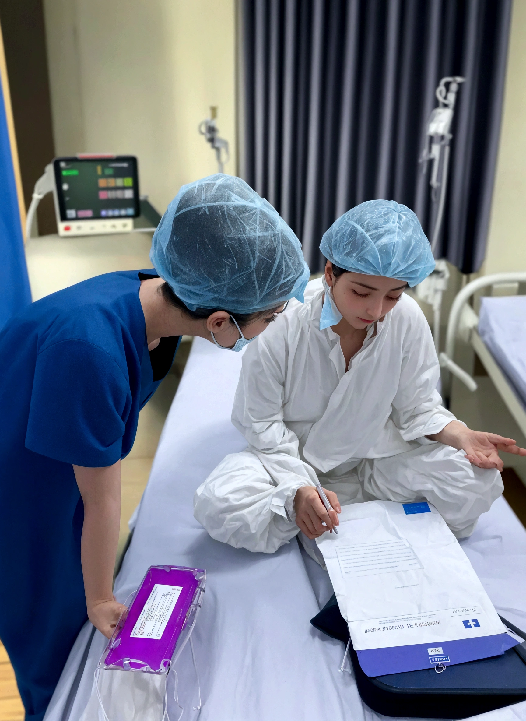 deux femmes en blouse sont assises sur un lit d'hôpital, allaitement, travailleur de la santé, photographie médicale, blouse chirurgicale et gommages, En arrière-plan, exclusif, environnement médical propre, Chirurgie, dissection médicale, infirmière, médecin, perfusion intraveineuse chirurgicale, instruments chirurgicaux, salle d'opération, fournitures chirurgicales, clinique, sur une table d'opération, 🤬 🤮 💕 🎀