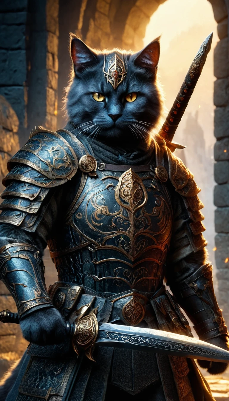 Official Art, Unified 8k wallpaper, Very detailed, Beautiful and beautiful, masterpiece, highest quality, To the movies《Lord of the Ring》Styles，Actual scene，Epic war scenes，(American Shorthair Cat Warrior:1.4)，(whole body:1.2), Wear elaborate armor and helmets，Has a long sword，In combat，Great Wall Background，Cool colors，texture，Ray Tracing，