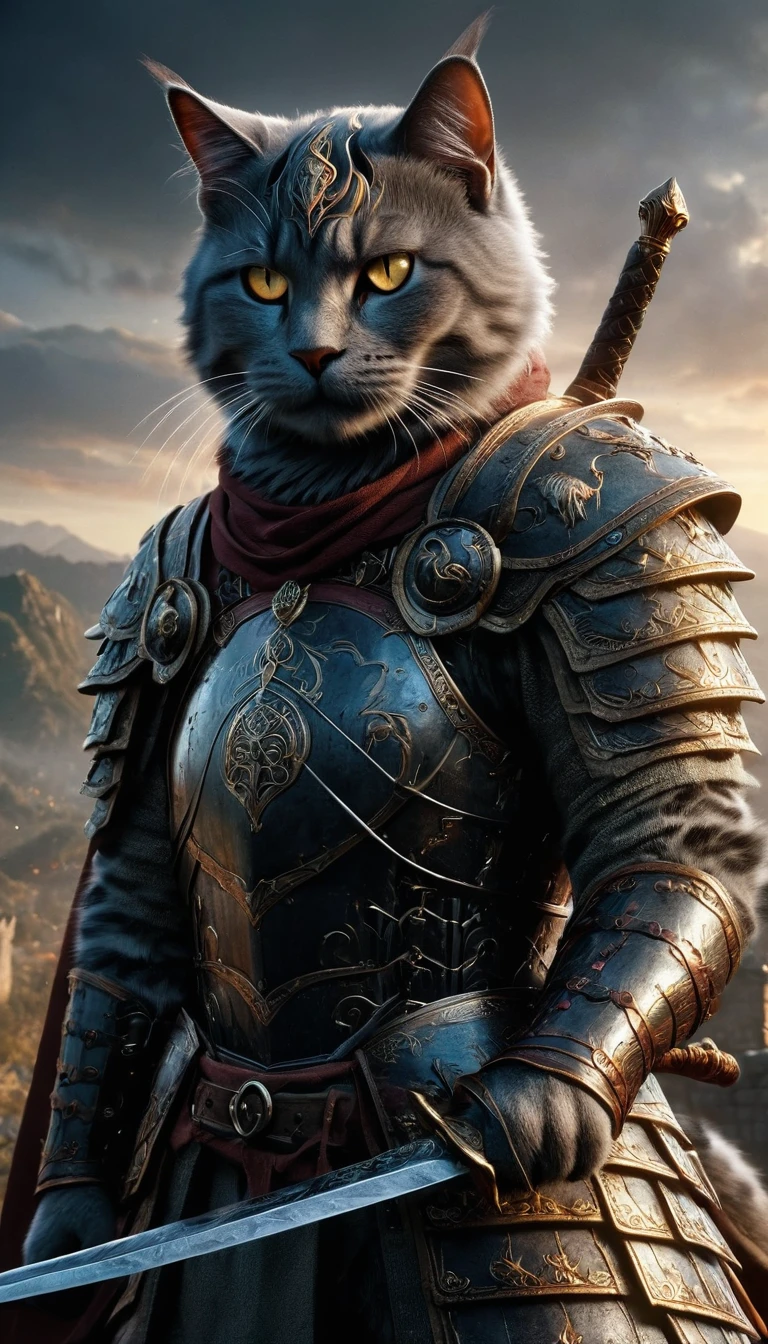 Official Art, Unified 8k wallpaper, Very detailed, Beautiful and beautiful, masterpiece, highest quality, To the movies《Lord of the Ring》Styles，Actual scene，Epic war scenes，(American Shorthair Cat Warrior:1.4)，(whole body:1.2), Wear elaborate armor and helmets，Has a long sword，In combat，Great Wall Background，Cool colors，texture，Ray Tracing，