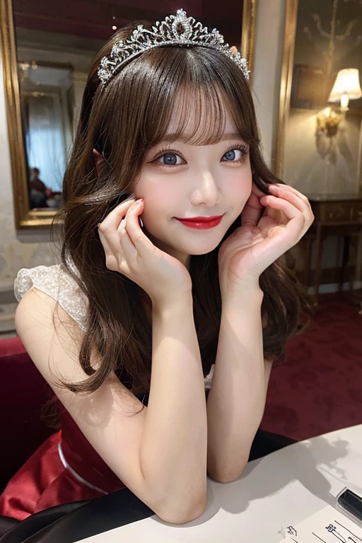 Tabletop,(Highest quality, masterpiece:1.2), Very detailed, High resolution, 8k wallpaper, Perfect dynamic composition, Beautiful and beautiful eyes, Medium Hair, Red lipstick, A shy smile, 20-year-old, Cute Woman, Cute Style, palace, 豪華なpalace、looking at the camera, dress, 豪華なdress,tiara、頭にtiara、