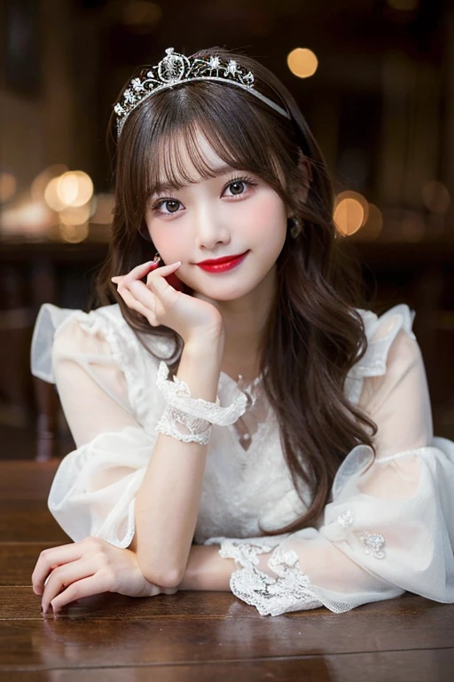 Tabletop,(Highest quality, masterpiece:1.2), Very detailed, High resolution, 8k wallpaper, Perfect dynamic composition, Beautiful and beautiful eyes, Medium Hair, Red lipstick, A shy smile, 20-year-old, Cute Woman, Cute Style, palace, 豪華なpalace、looking at the camera, dress, 豪華なdress,tiara、頭にtiara、