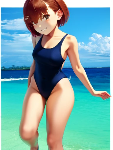 girl, alone, short hair, Bronze colored hair, thin, Misaka sister,Yellow ultra-high leg one-piece swimsuit , Beach、play、Fascinating、smile、