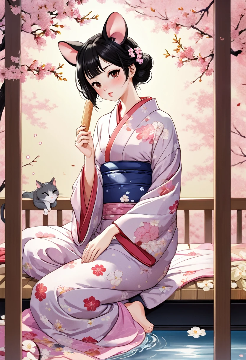 (utamaro style:1.2) , Hallucination, daydream , nightmare , Insane Dream , bokeh , erotica , romance , realistic mouse nymph and realistic cat , yukata , futon , Petals fluttering down , Single eyelids, round nose, swollen cheeks , glossy lips , licking popsicle , Collarbone , Disheveled Hair , Water up to the ankle , Scorching Heat summer