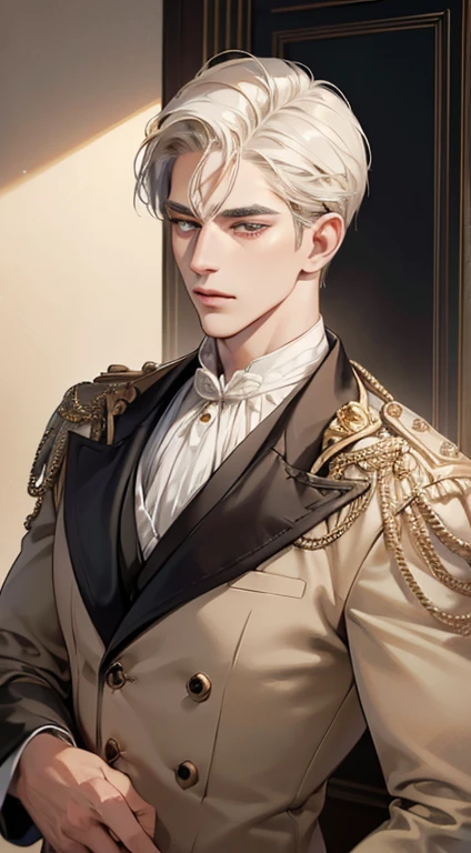 (best quality, masterpiece, 8K, photorealistic, cinematic lighting, 1:4 hdr image, top view, ultra detailed, beautiful image), a mature man, very handsome, short white hair, gold eyes, perfect face without errors , (CEO).Duke. Era vitoriana