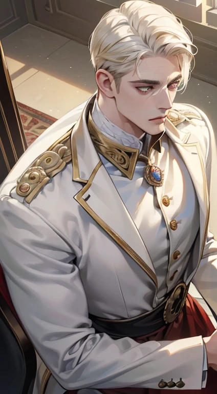 (best quality, masterpiece, 8K, photorealistic, cinematic lighting, 1:4 hdr image, top view, ultra detailed, beautiful image), a mature man, very handsome, short white hair, gold eyes, perfect face without errors , (CEO).Duke. Era vitoriana