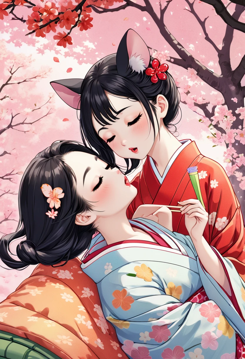 (utamaro style:1.2) , Hallucination, daydream , nightmare , Insane Dream , bokeh , erotica , romance , realistic mouse girl and realistic cat , kimono , futon , Cat licking