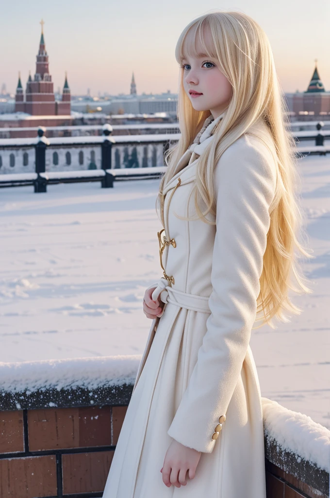 Beautiful and cute Russian girl, pale white skin, rosy cheeks ,long blonde hair, bang, look innocent and beautiful, coat, neat lolita dress, Moscow view ,snowy