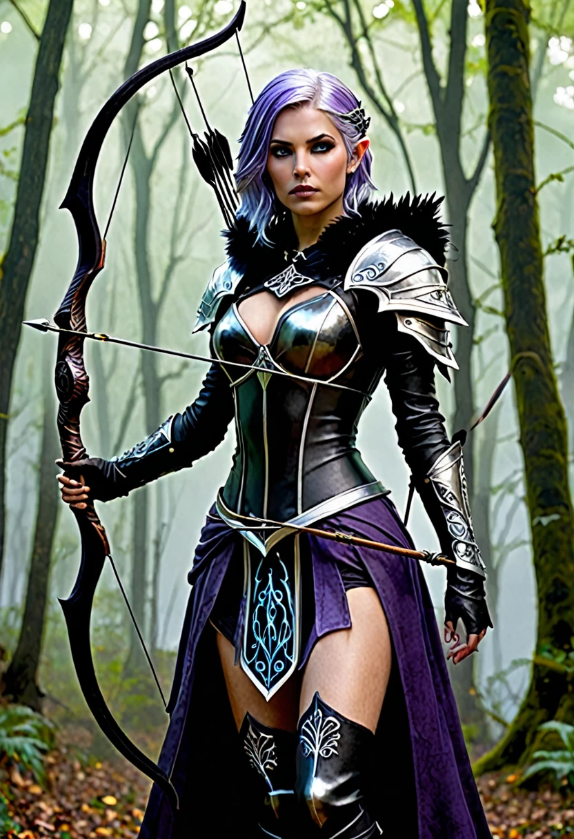 Necromancer Archer Figure: A female archer, slim and athletic, with a dark yet elegant aura.hair: Her short hair is a mix of blonde and purple, perhaps with flowing transitions or ombre effect, slightly wavy and fall over her shoulders.eyes: Your eyes glow in an unnatural green or an icy blue, a reference to her necromantic abilities.attire: She wears a combination of medieval armor and magical robes. Dark, Leather armor decorated with runes covers her upper body and arms. Under the armor she wears a black, slightly torn cloak, fluttering in the wind.arch: Her arch consists of a dark, enchanted wood, decorated with silver or luminous symbols. The arch radiates an eerie energy.Arrows: The arrows in her quiver also have a magical effect, with black feathers and tips, which are surrounded by a dark aura.backdrop: The backdrop could be a dark forest or a dilapidated, show foggy landscape, which enhances the mystical and threatening atmosphere.short Purple hair