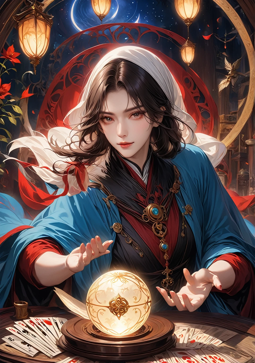 A fortune teller with a charming, beautiful and mysterious atmosphere. The fortuneteller wears a blue cloak and has a good-looking, well-formed face.
The atmosphere is bright and shimmering, with an air of uncertainty and anticipation. The fortuneteller is standing and looking at you, tarot cards are around him, and he is holding a crystal ball in one hand.
The lighting of the room is bright, enhancing the mysterious atmosphere.
Highest quality, resolution 4k or 8k. The level of detail should be highly detailed and realistic, almost close to photorealism.
Artistic style should reflect the official aesthetic, with vibrant colors and strong contrasts. Color tones should emphasize the mysterious and mystical theme of the artwork.
The fortune teller's cloak is decorated with intricate designs, employing metallic borders with a thickness ratio of 1.5.
The atmosphere is magical, resembling a star-filled night sky. The expression of the fortune teller should convey mystery and interest.
Translated with DeepL.com (free version)