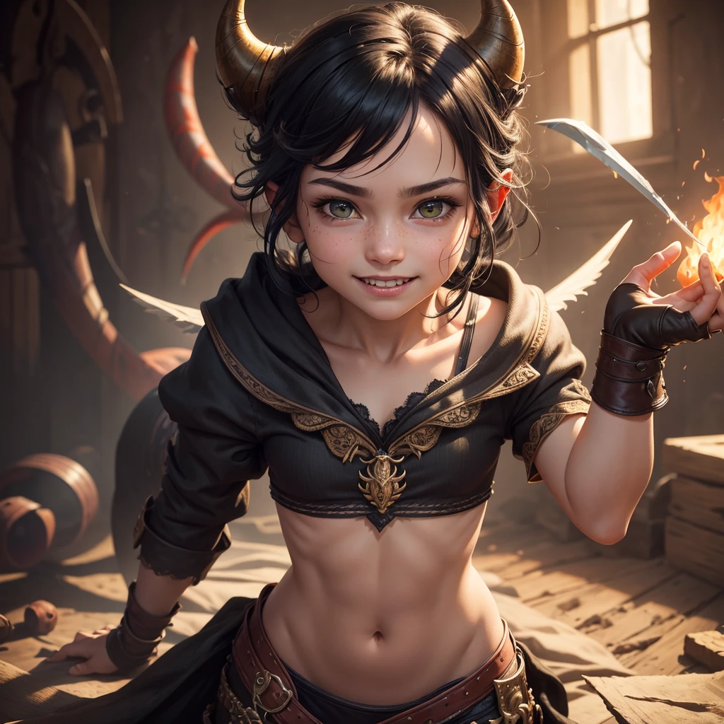  imp boy, mischievous smile, red skin, cute, playful, black hair, green eyes, sharp teeth, sharp tail, small horns, tattered clothes, (best quality,4k,8k,highres,masterpiece:1.2),ultra-detailed,(realistic,photorealistic,photo-realistic:1.37),fantasy,digital painting,extremely detailed face and eyes,detailed portrait,intricate details,cinematic lighting,warm color tones,vibrant colors,dynamic composition