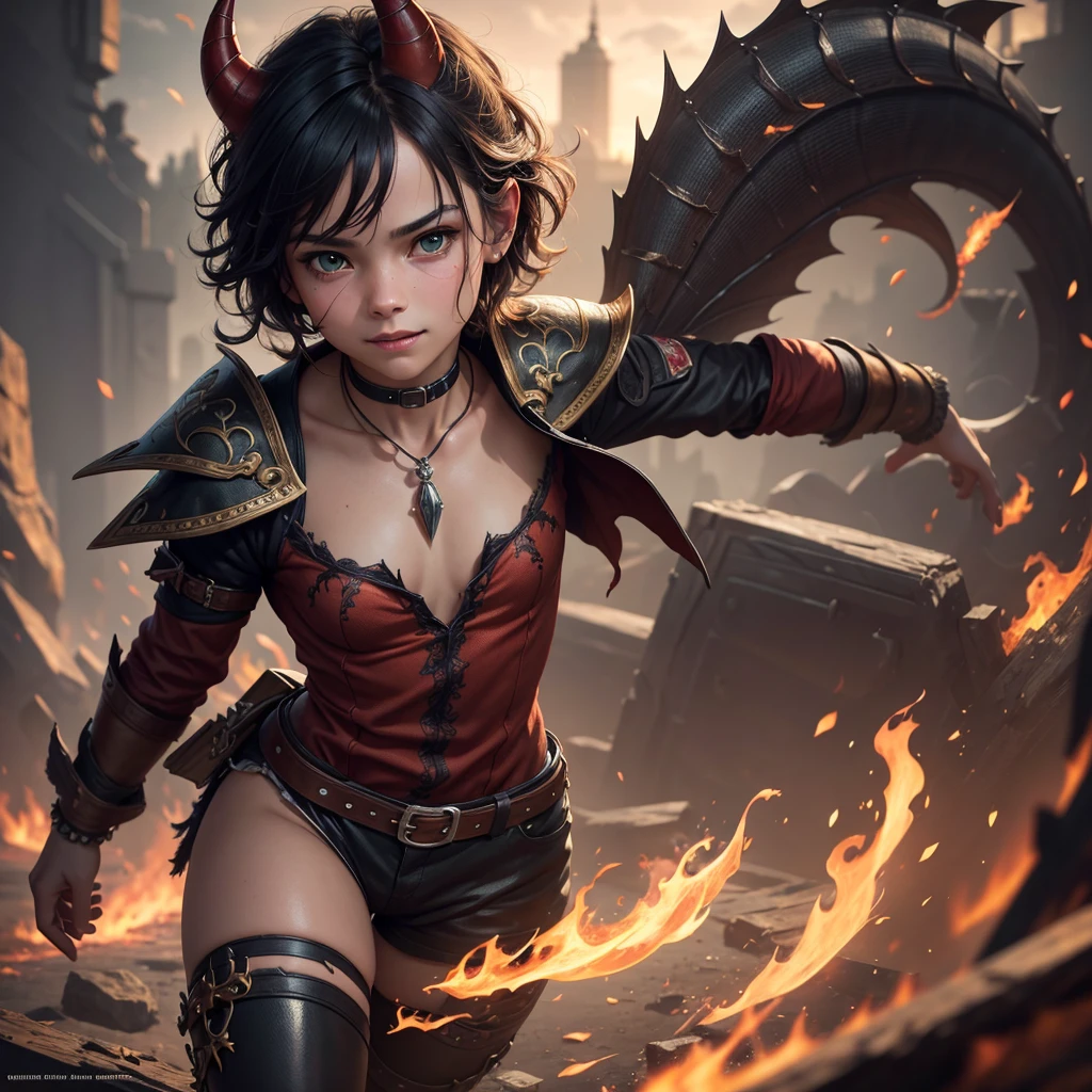 14 year old imp boy, mischievous smile, red skin, cute, playful, black hair, green eyes, sharp teeth, sharp tail, small horns, tattered clothes, (best quality,4k,8k,highres,masterpiece:1.2),ultra-detailed,(realistic,photorealistic,photo-realistic:1.37),fantasy,digital painting,extremely detailed face and eyes,detailed portrait,intricate details,cinematic lighting,warm color tones,vibrant colors,dynamic composition
