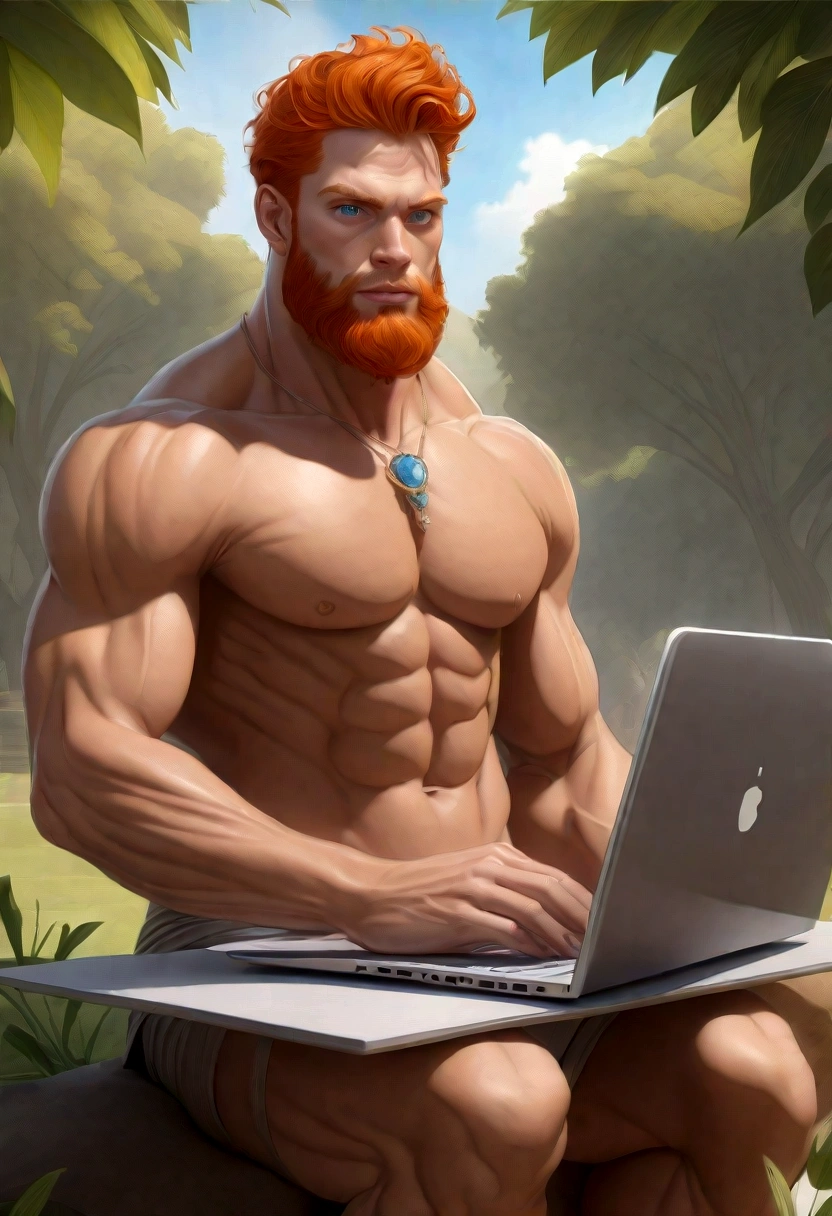 ((1 ginger man typing on an orange laptop in the park))

fullbody image,((  front view ))

full body, oil painting,  in caravagio+rubens+rembrant art style.

A young man, white skin, ginger, bearded, hairy body,  thin face, straight nose, thin lips, square chin, large light blue eyes, short red wavy hair, in roberto ferri style, aesthetic slim athletic body, ginger realistic skin, gorgeous, detailed tonned muscles, barefoot,  perfect , muscled fitness body,   

he is standing in a black negative space, 

A mixture of photography and painting, Composition of Perfect Divine Proportione, 8k resolution the composition of shadows and lights give an atmosphere of spaciousness, 

((view from aside behind))

he is standing , typing on an orange laptop wearing orange light shorts, small erected , barefoot, perfect detailed feet, relaxed body lenguaje, relaxed face expresion.