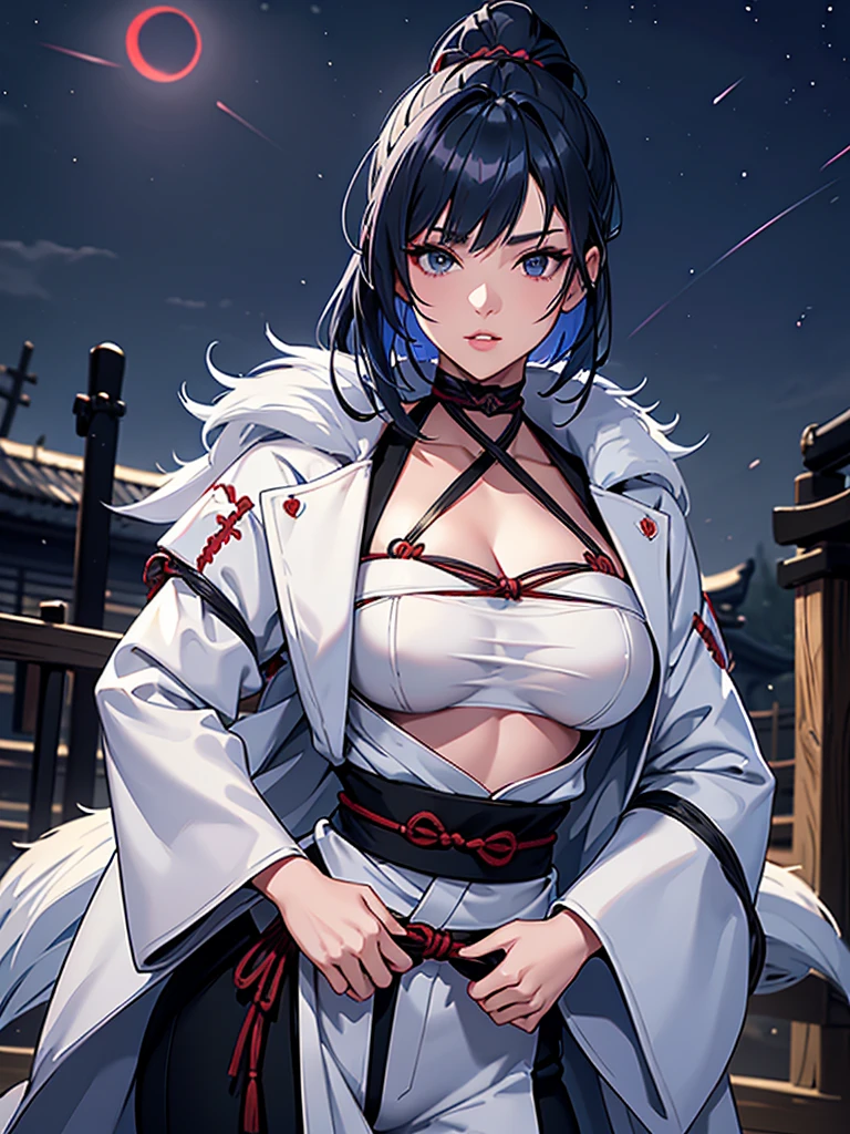 a female samurai, beautiful detailed eyes, beautiful detailed lips, extremely detailed face, long eyelashes, (katana swords behind hips:1.2),hyper realistic lighting,(super detailed:1.3),((best quality:1.2)),((masterpiece:1.2)),female focus,lonely beauty,detailed face,detailed lips,(nighttime:1.6),(standing in a medieval europe castletown),(eclipse),cowboy shot,cleavage,((shibari across bare breasts:1.125)),topknot,muted dark blue hair,white samurai coat,black samurai (pants):1.1,hands in pockets,asymmetrically colored sleeves