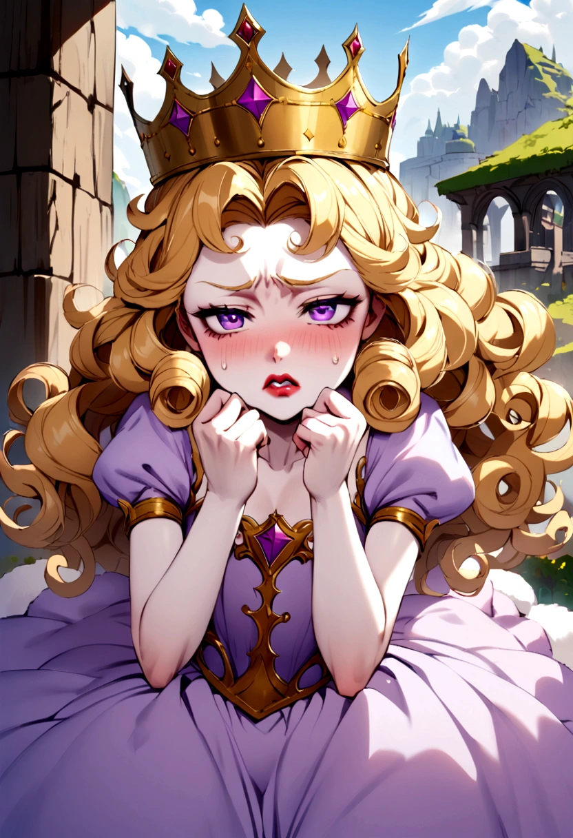 A young curly blonde, pale skin with violet eyes and reddish lips, wearing a lilac, fluffy princess dress, wearing a crown, with an upset expression, in an erotic pose  