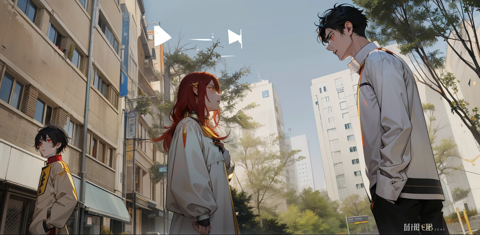 they are both talking , she speaks the speech there is a boy with white hair, yellow eyes and a girl with red hair and red eyes they are talking seriously worried about an important delicate topic, You have black clothes with yellow lines and they have golden collars and golden shoulder pads.