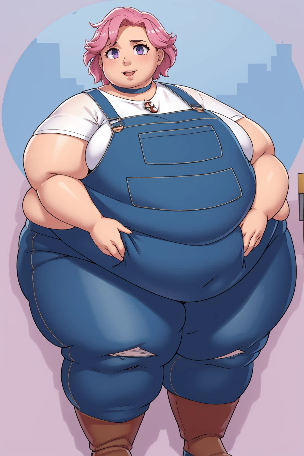 (Looking at viewer:1.2), (black pupils)Mouth open, parted lips, mouth wide open, sticking out tongue, exposed belly, slutty(Pale skin:1.0)Up close, Holding belly, hands on belly, outgrown clothes,Pale skin,fat, farm backround, upper body, looking at viewer, 1girl, solo, short pink hair, (dark blue choker), (dark blue denim overalls), (purple eyes), (pink boots), (white shoulder lantern sleeve blouse, tucked in pants, Round face, double chin, fat chin, fat cheeks, fat neck, round face, SSBBW, flabby arms, round face, double chin, fat double chin, big double chin, fat neck, chubby cheeks, fat thighs, fat calves, morbidly obese, flabby , giant , large belly, obese, fat face, belly, double chin, obesity, flabby breasts, fat arms and legs, fat everything,
