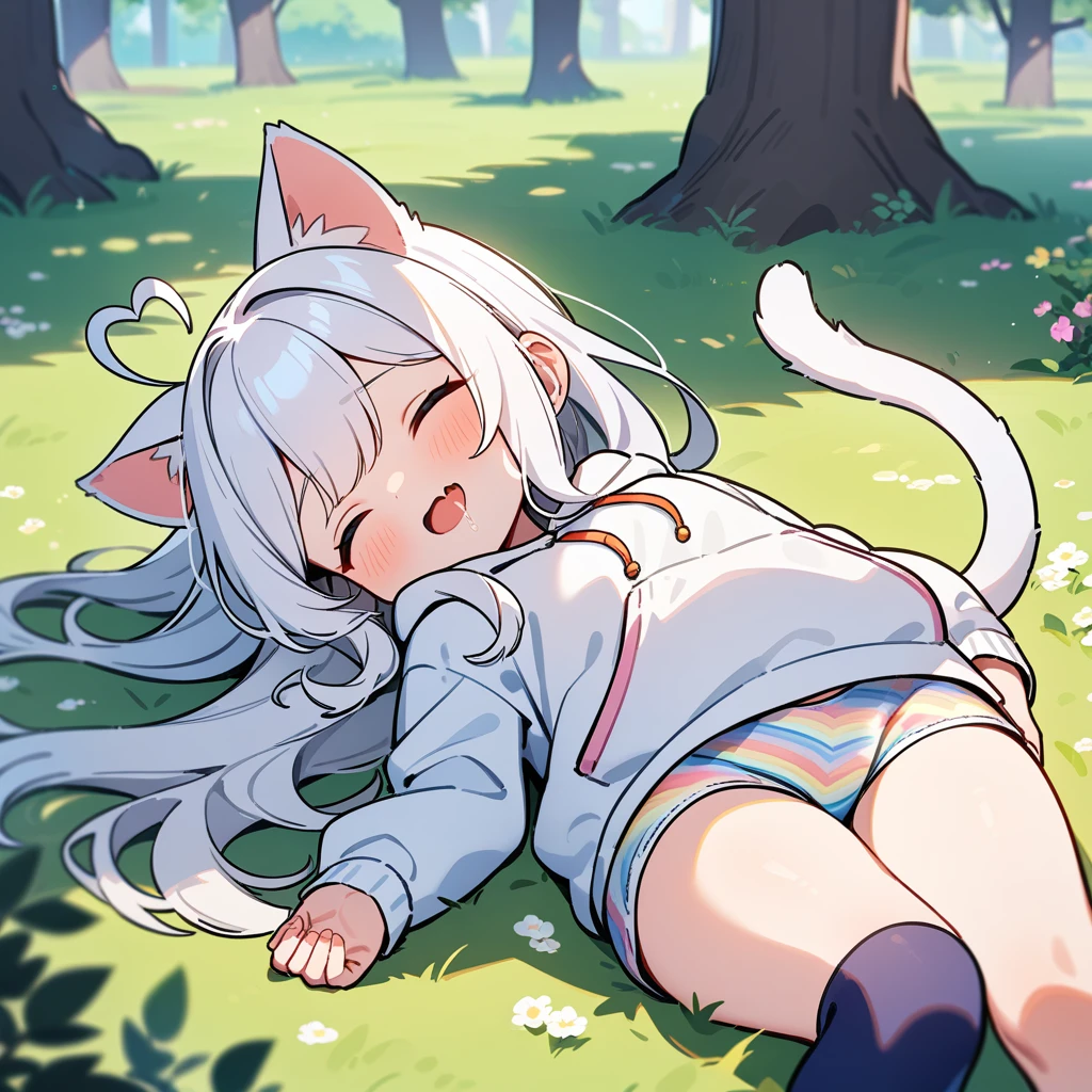 （masterpiece：1.2，high quality），8K，High resolution，A -year-girl，e girl，white hair，long hair，Sleeping，heart ahoge，cat ears，laughing，skin fang，saliva，Wear a white hoodie，no shorts，Rainbow patterned panties，Lying in the forest，There are flowering trees on both sides，primary schoBlue socks，cat tail，alone，（Put your hands in your pockets）