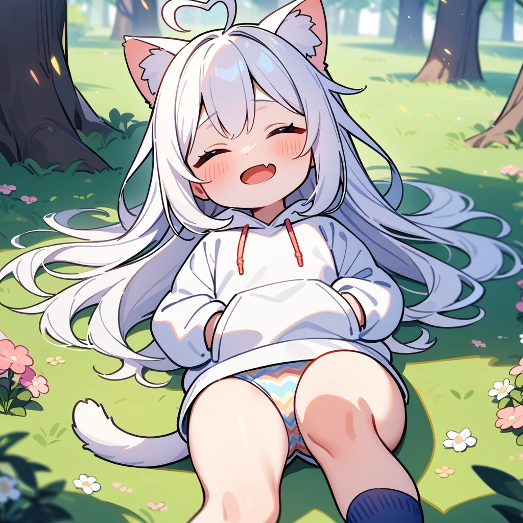 （masterpiece：1.2，high quality），8K，High resolution，A seven-year-old girl，cute girl，white hair，long hair，Sleeping，heart ahoge，cat ears，laughing，skin fang，saliva，Wear a white hoodie，no shorts，Rainbow patterned ，Lying in the forest，There are flowering trees on both sides，primary school student，thigh，Calf，Blue socks，cat tail，alone，（Put your hands in your pockets）